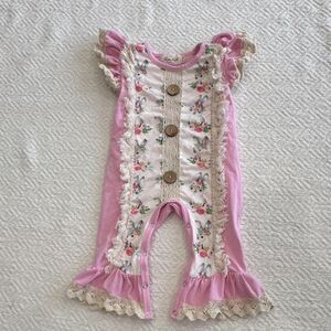 Marie Nicole Girls Pink/White Floral Bunny Ruffle Lace Romper One-Piece 6-12M